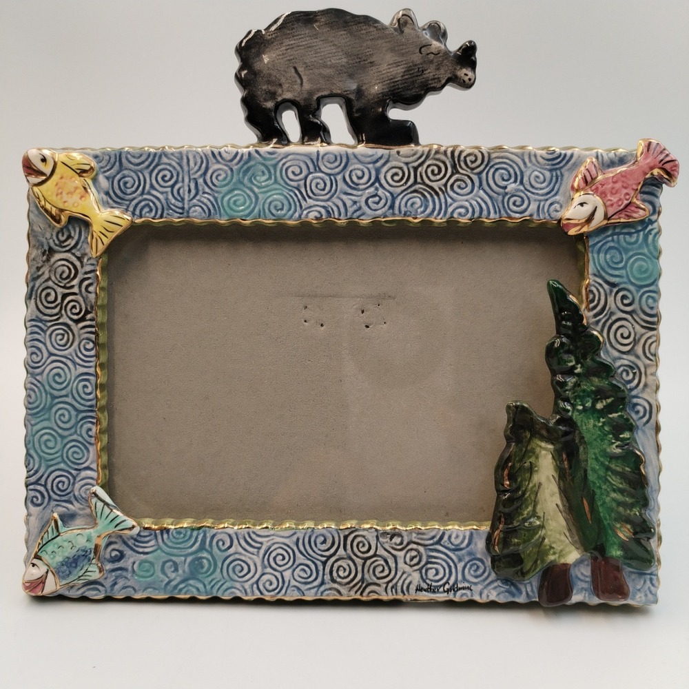 Vtg 2003 Blue Sky Clayworks Heather Goldminc Bear Fish Tree Ceramic Photo‎ Frame